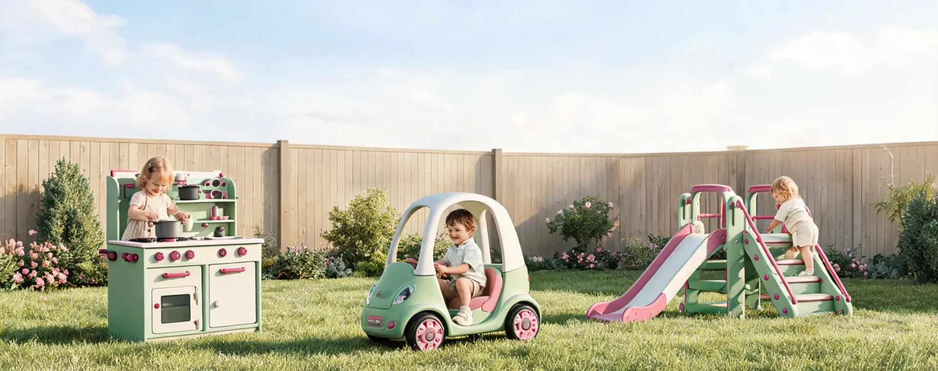 Step2 outdoor play kitchen and ride-on toys in a clean family backyard